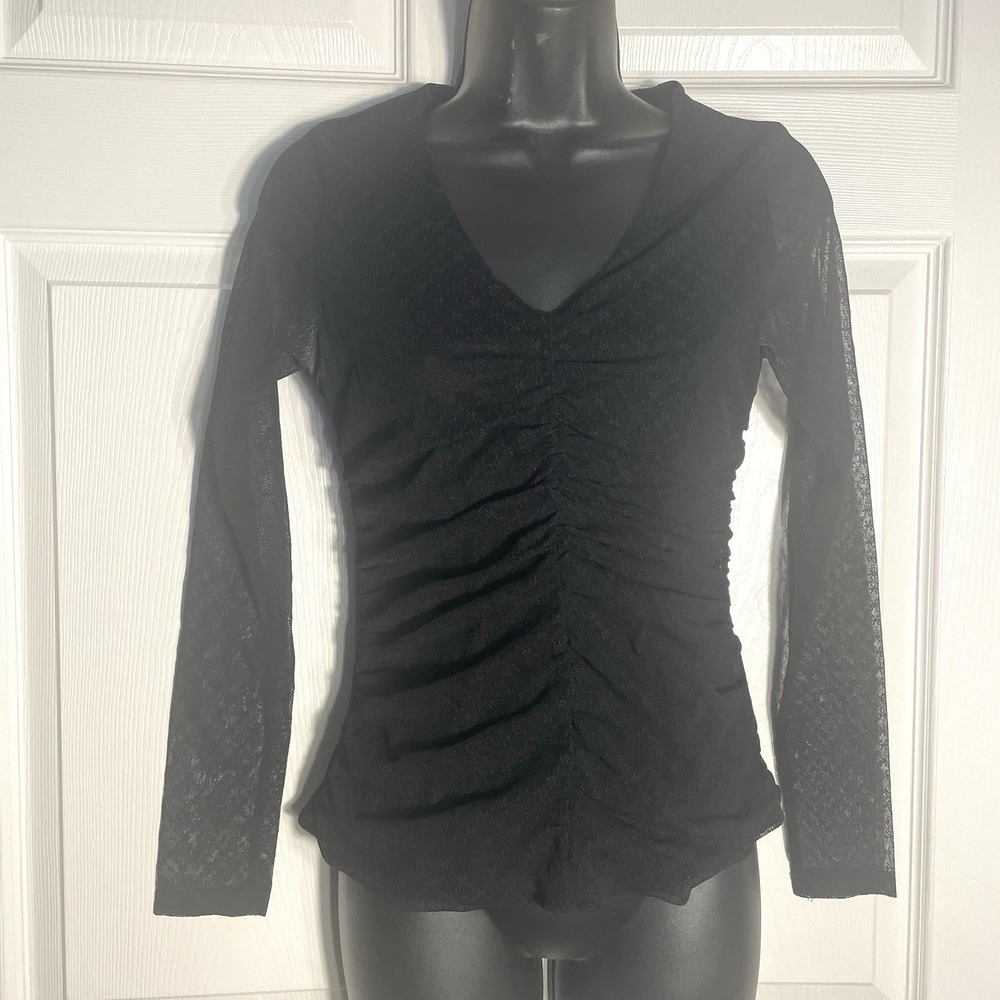 AUW Shirt Women S Black Lace Ruched Detail Sheer Sleeves Long Sleeve Whimsigoth